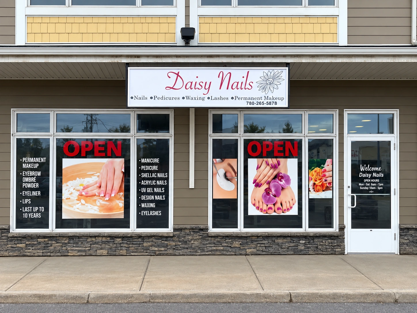Daisy Nails Athabasca storefront — perspective corrected from the supplied salon photograph